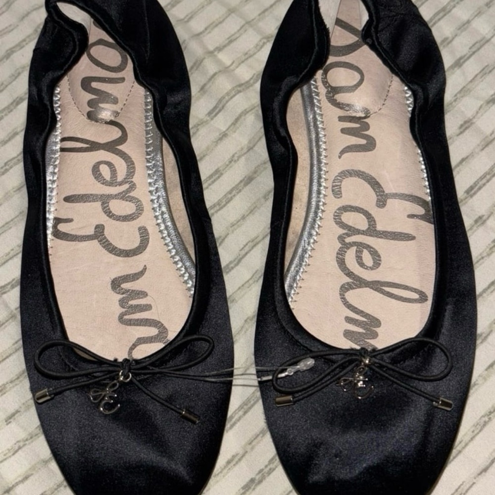 Sam Edelman Black Satin Ballet Flats Bow Detail Women’s Classic Slip-On